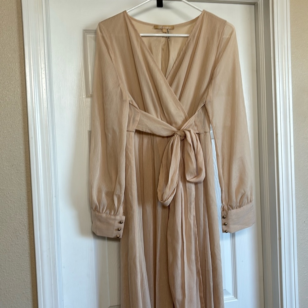 Large, Cream with shimmer long sleeve, floor length dress, never worn.